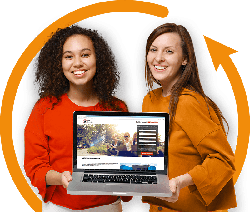 two women holding laptop showing digital advertising