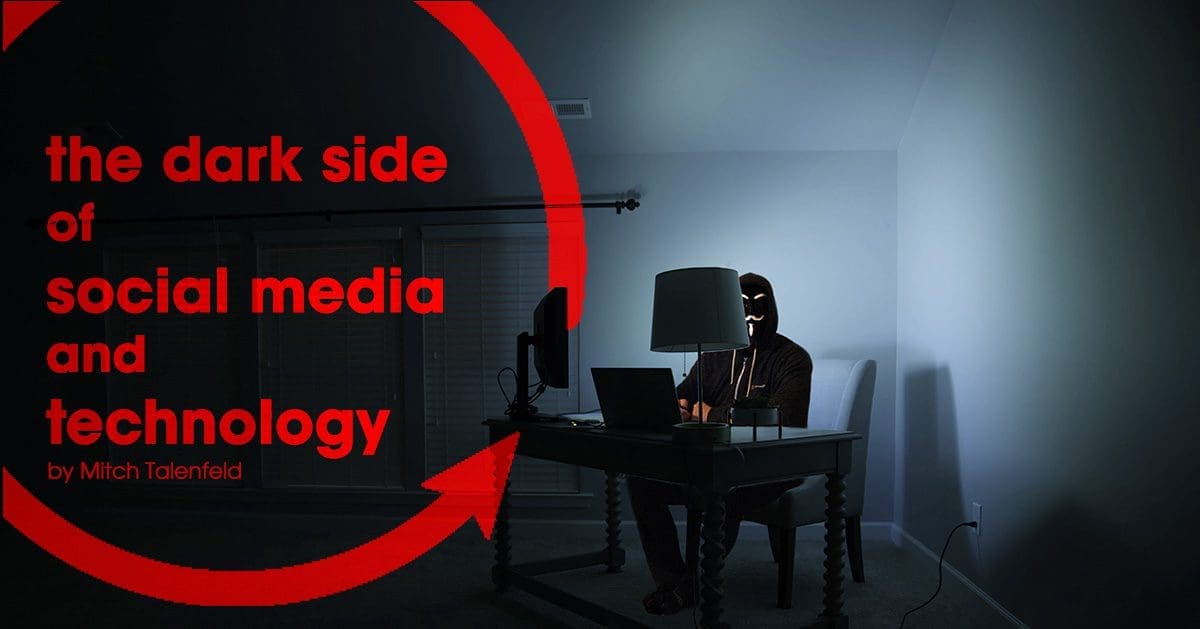 Image of a person sitting on a desk and working on his laptop with text on the image showing the dark side of social media and technology